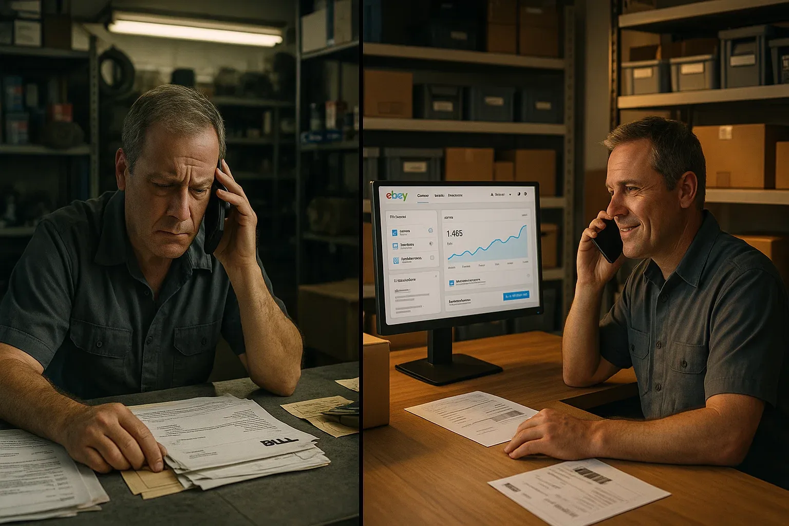 Split scene hero image showing a stressed local auto parts store owner on the left and the same owner confidently running a warehouse with online sales on the right