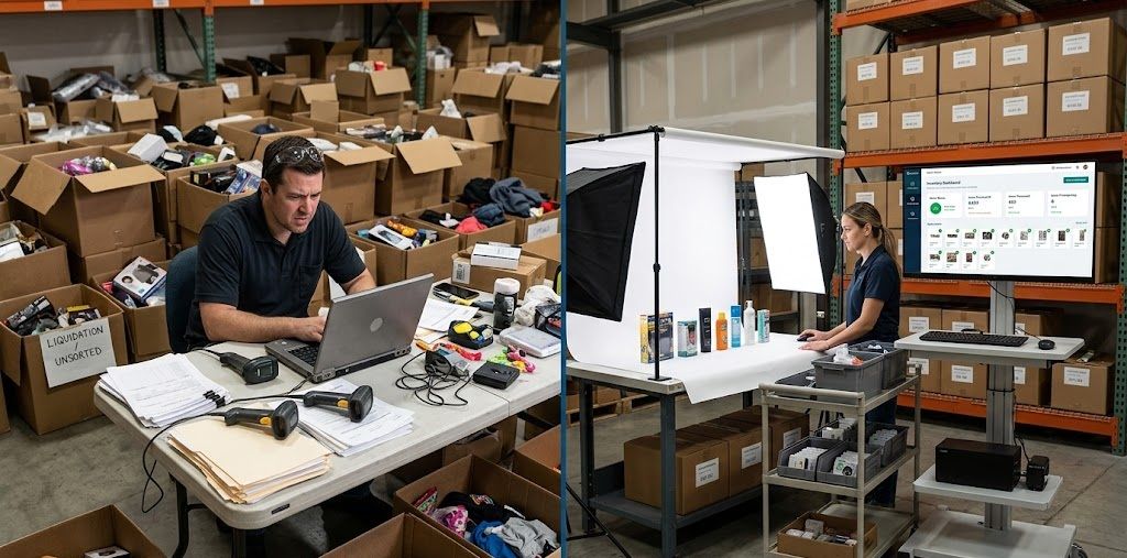 Manual product research compared to AI-powered Amazon return inventory processing