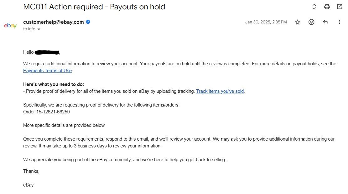 Screenshot of an eBay MC011 action required email showing payouts on hold and request for proof of delivery tracking information from seller