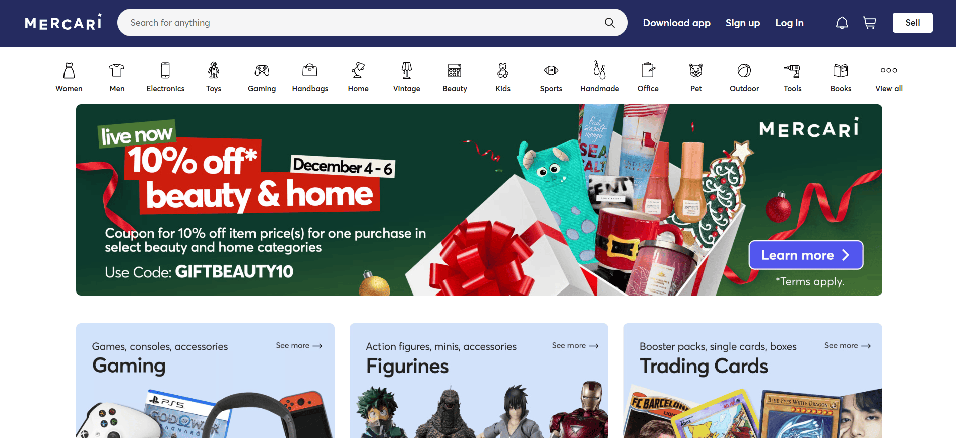 Screenshot of the Mercari homepage with mixed category resale listings and search bar
