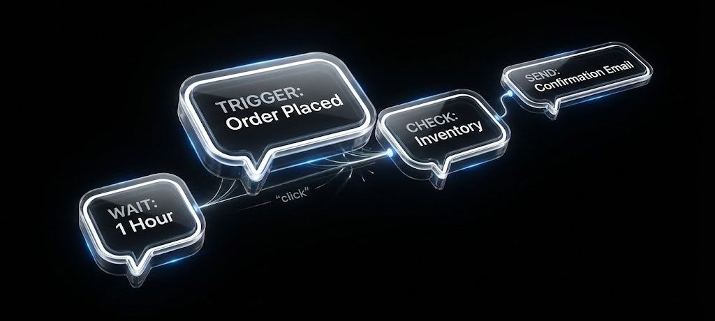 High-contrast commercial-style visual showing automated message sequences in a clean tech layout.