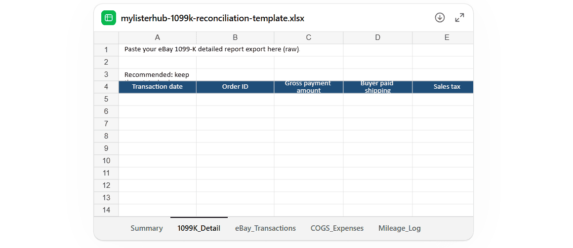 MyListerHub 1099-K reconciliation spreadsheet showing transaction details and summary tabs.