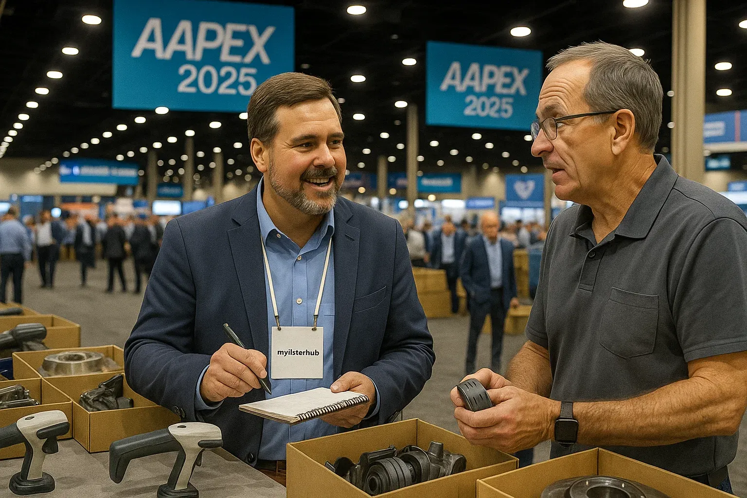 eBay seller discussing wholesale auto parts data with supplier during AAPEX 2025 in Las Vegas