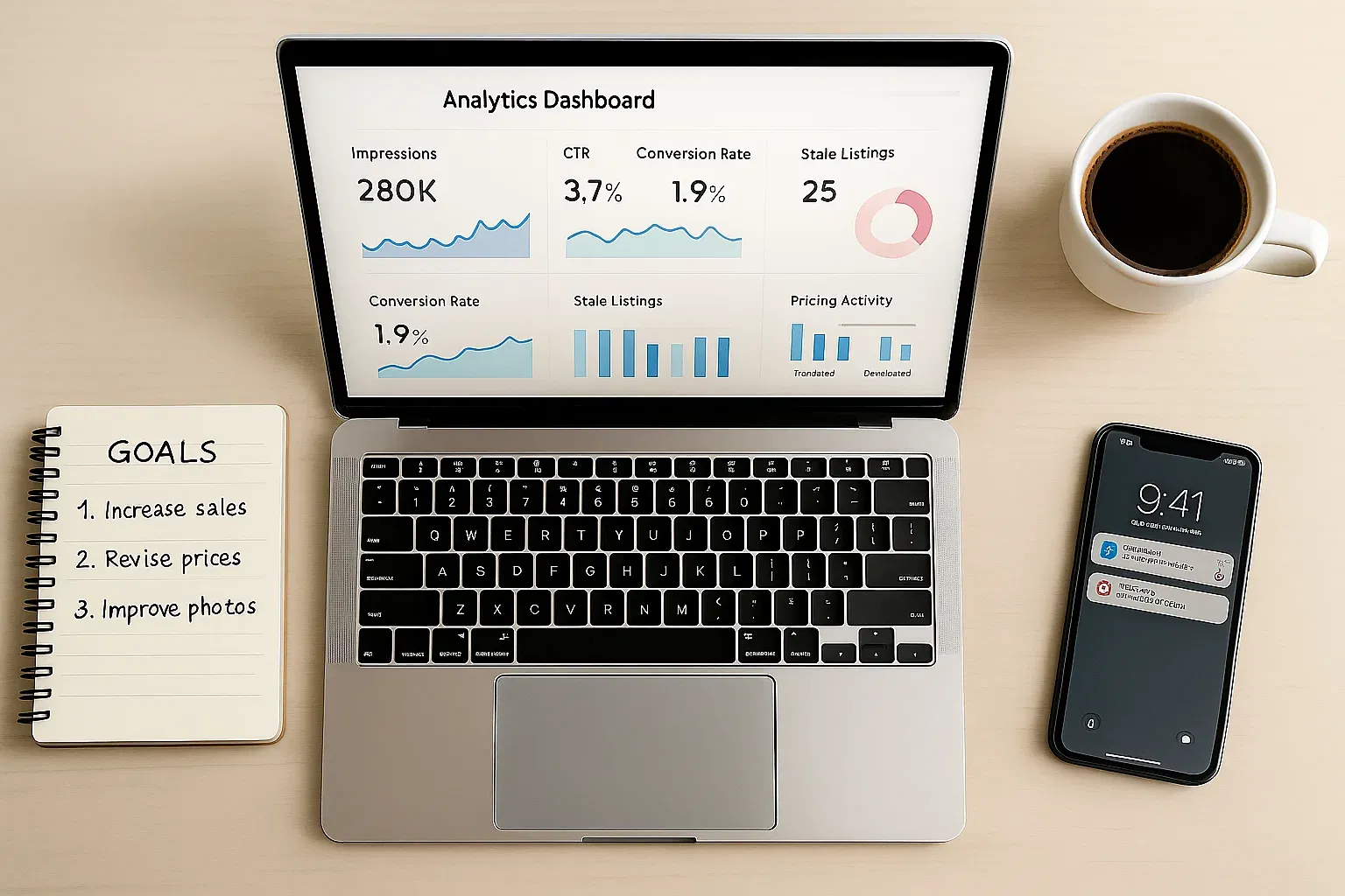 MyListerHub analytics dashboard showing impressions, CTR, conversions, and listing activity for decision making