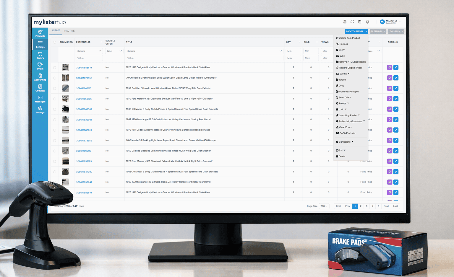 Dashboard view of auto parts listing software with automation controls