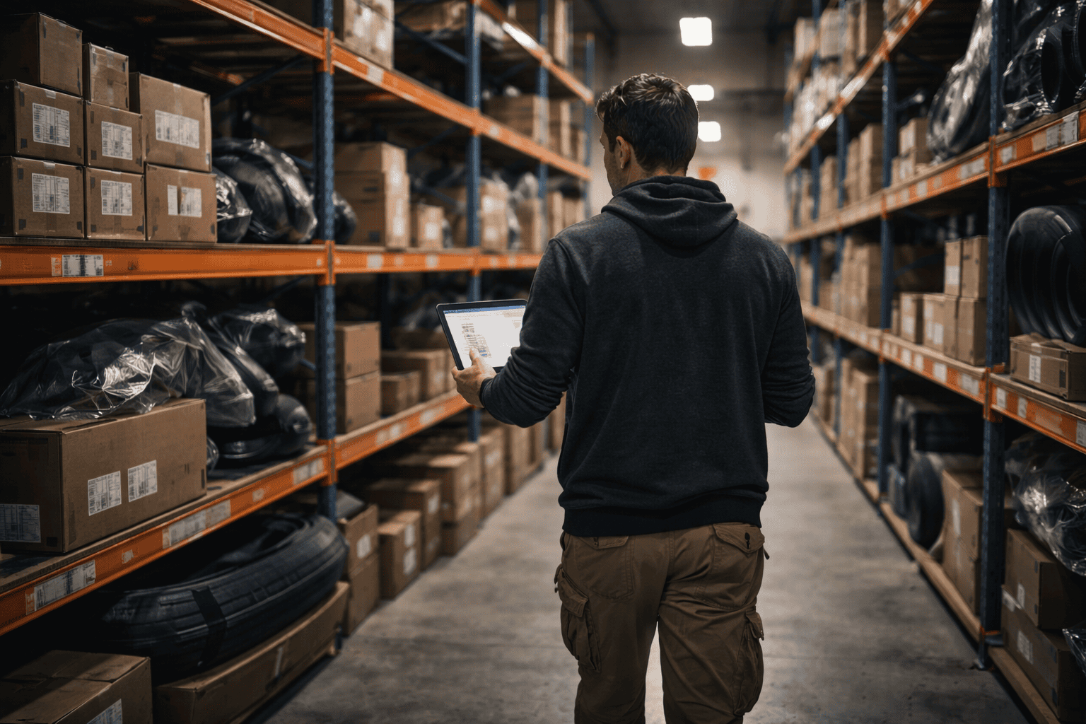 Auto parts seller walking through warehouse aisles with a digital catalog tablet