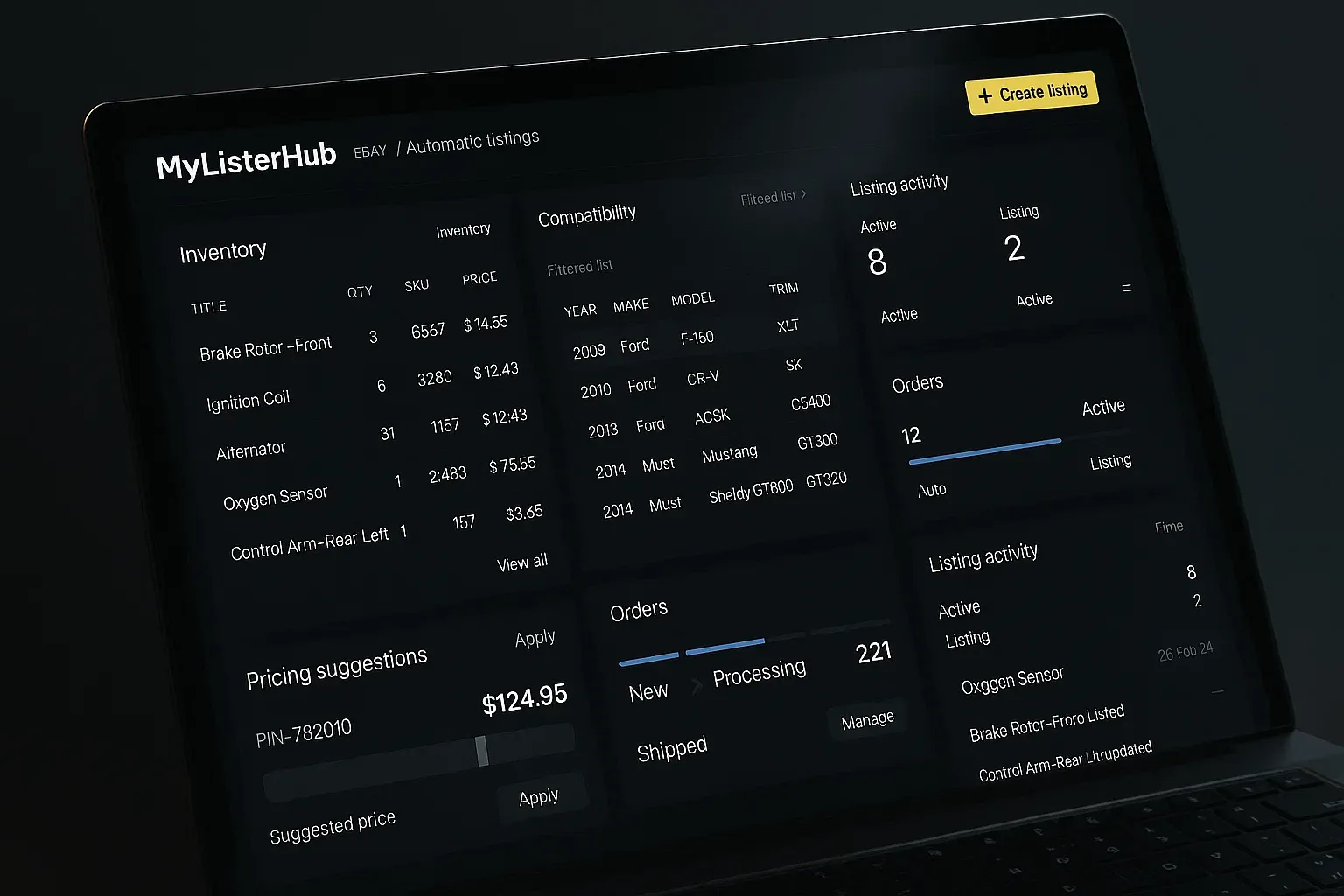 Hyper realistic software dashboard showing automated eBay listings for auto parts, with inventory, pricing, and fitment panels