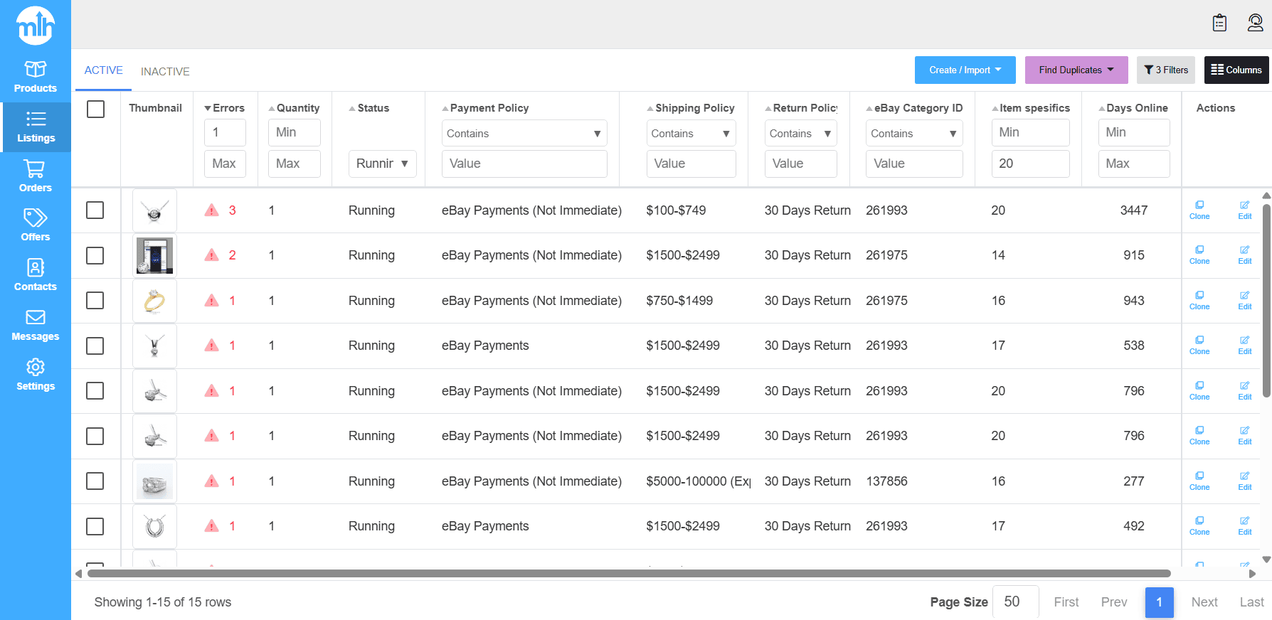 MyListerHub listings page highlighting errors and policy issues that must be fixed before cycling stale listings.