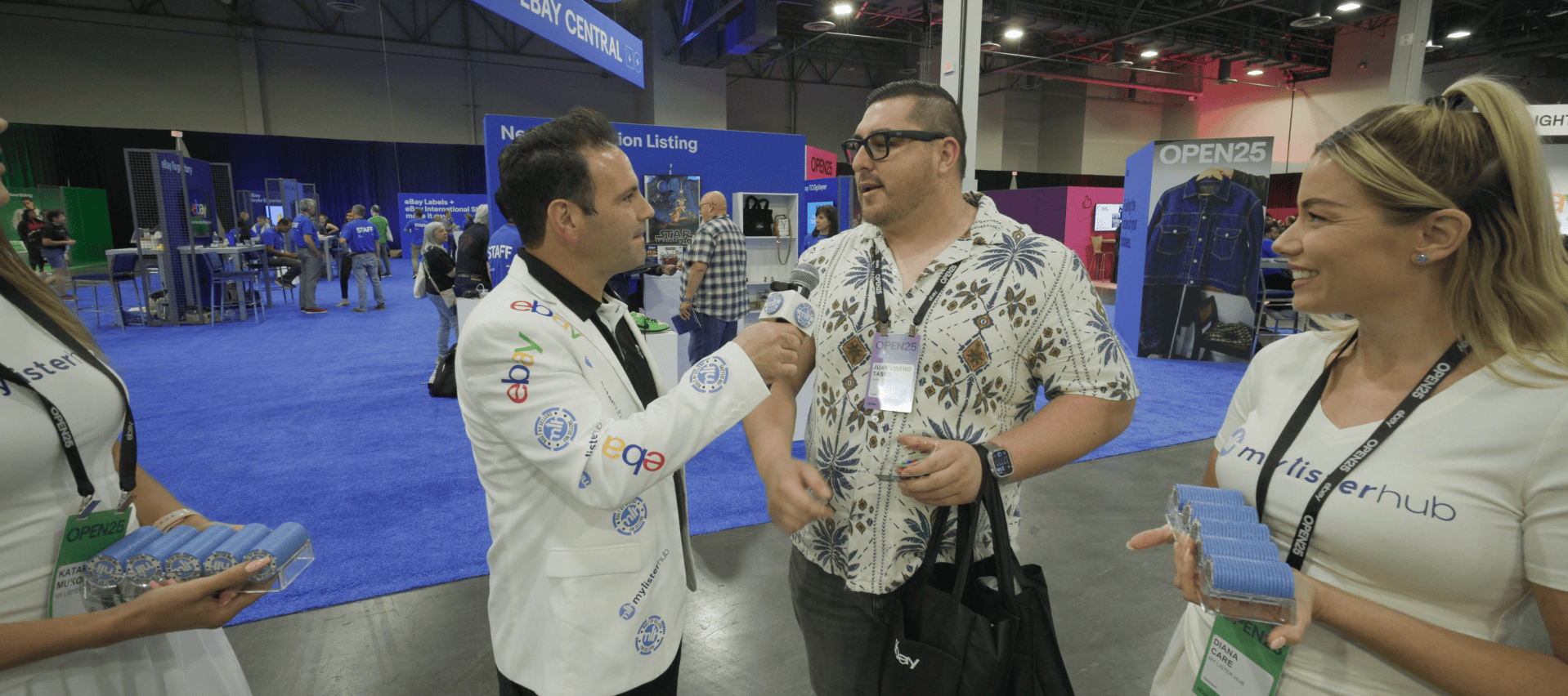MyListerHub team interviewing an eBay power seller during eBay Open 2025 in Las Vegas, discussing AI listing automation and seller challenges