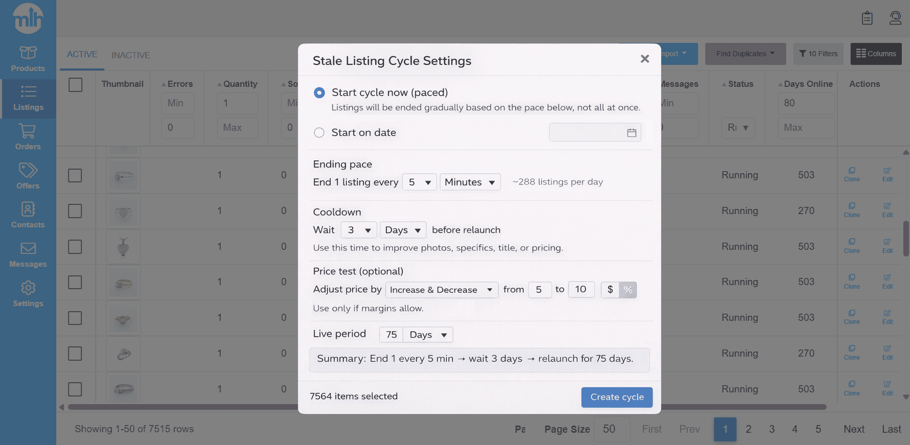 MyListerHub stale listing cycle settings showing paced ending, cooldown before relaunch, live period, and optional price testing.