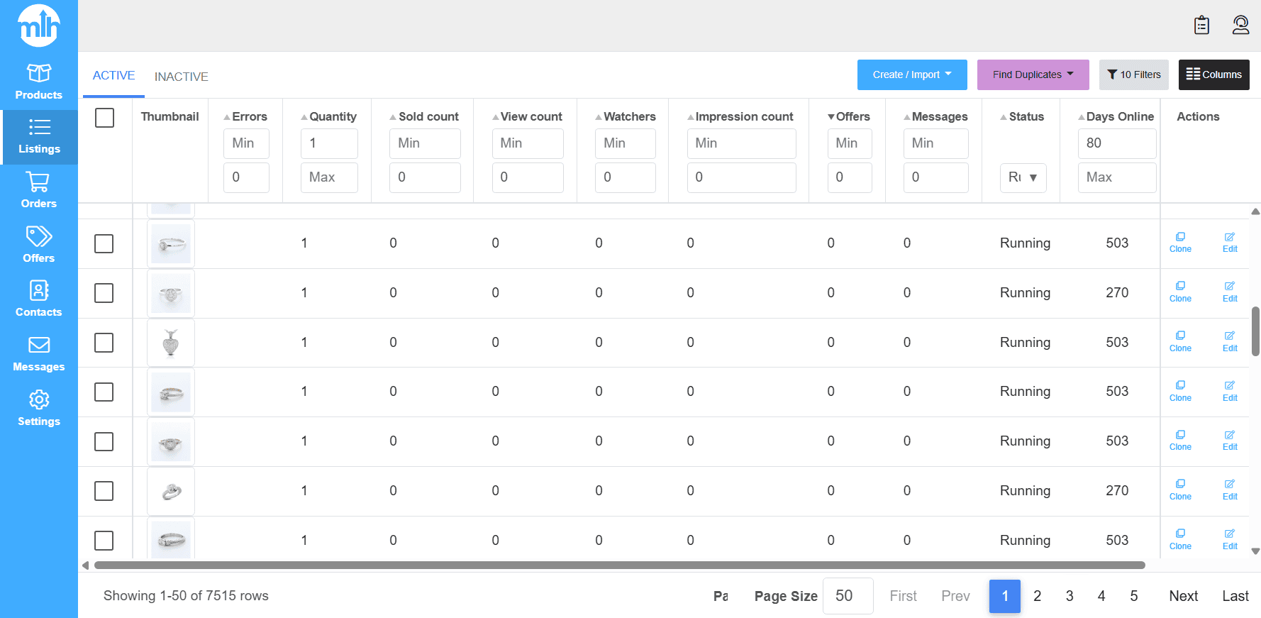 MyListerHub listings filter showing true stale eBay listings with 0 views, 0 watchers, 0 offers, 0 messages, and 80+ days online.