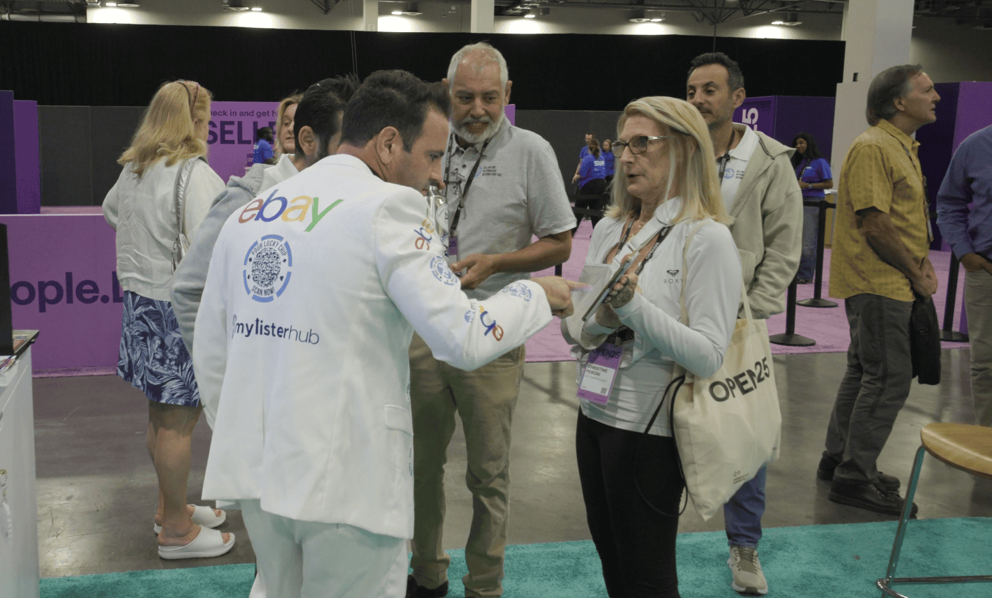 MyListerHub team member demonstrating listing optimization to an eBay seller at eBay Open 2025
