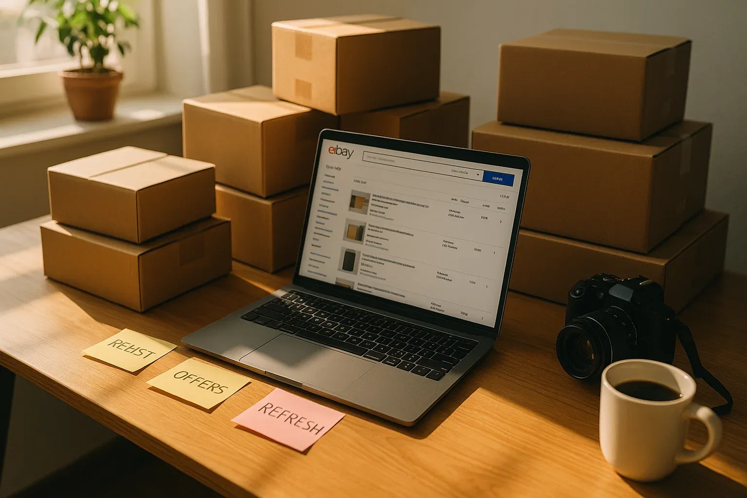 eBay seller workspace showing laptop and boxes for automated relist and refresh.