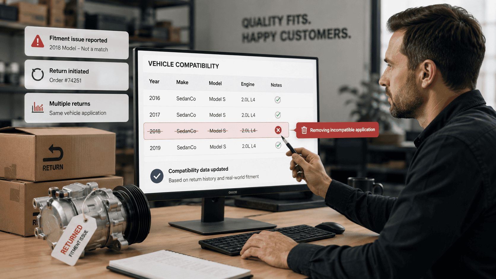 Auto parts seller removing an incorrect vehicle compatibility after repeated fitment-related returns