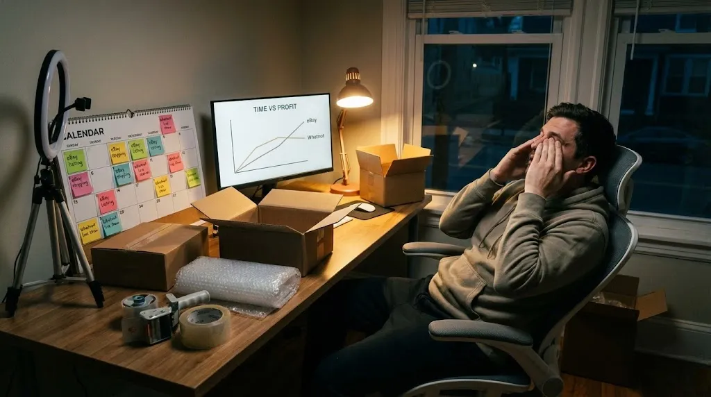Reseller looking tired in front of a schedule filled with eBay tasks and Whatnot live shows