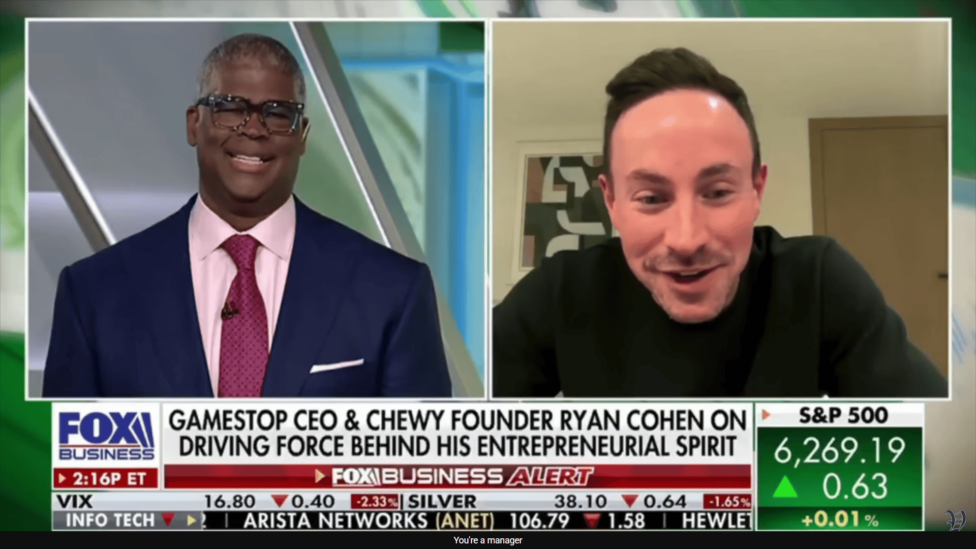 Ryan Cohen appearing on Fox Business discussing GameStop’s future strategy, entrepreneurship, and marketplace opportunities