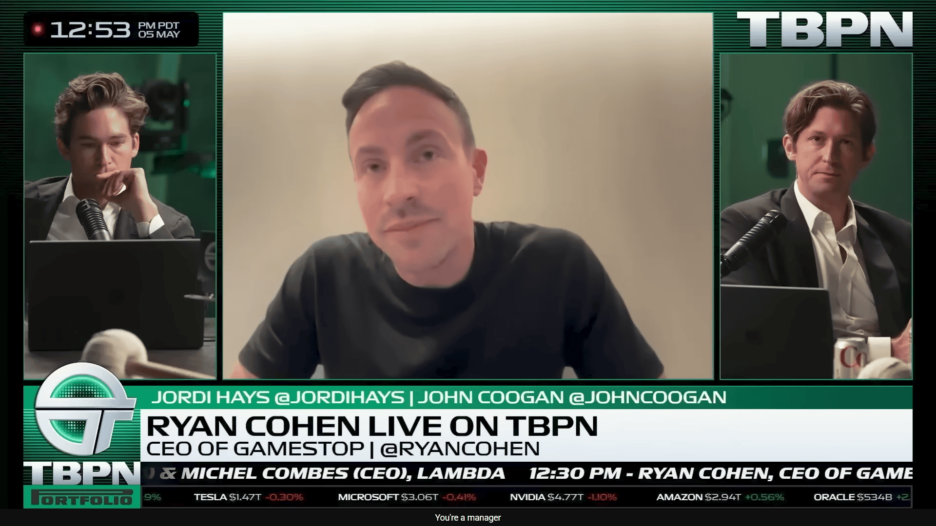 Ryan Cohen appearing live on TBPN discussing GameStop’s strategy, entrepreneurship, and the future of commerce and marketplaces