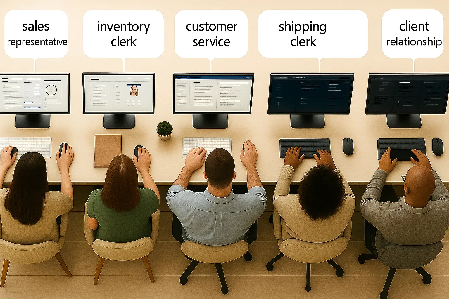 A row of workers performing sales, inventory, customer service, and shipping tasks that automation can replace.