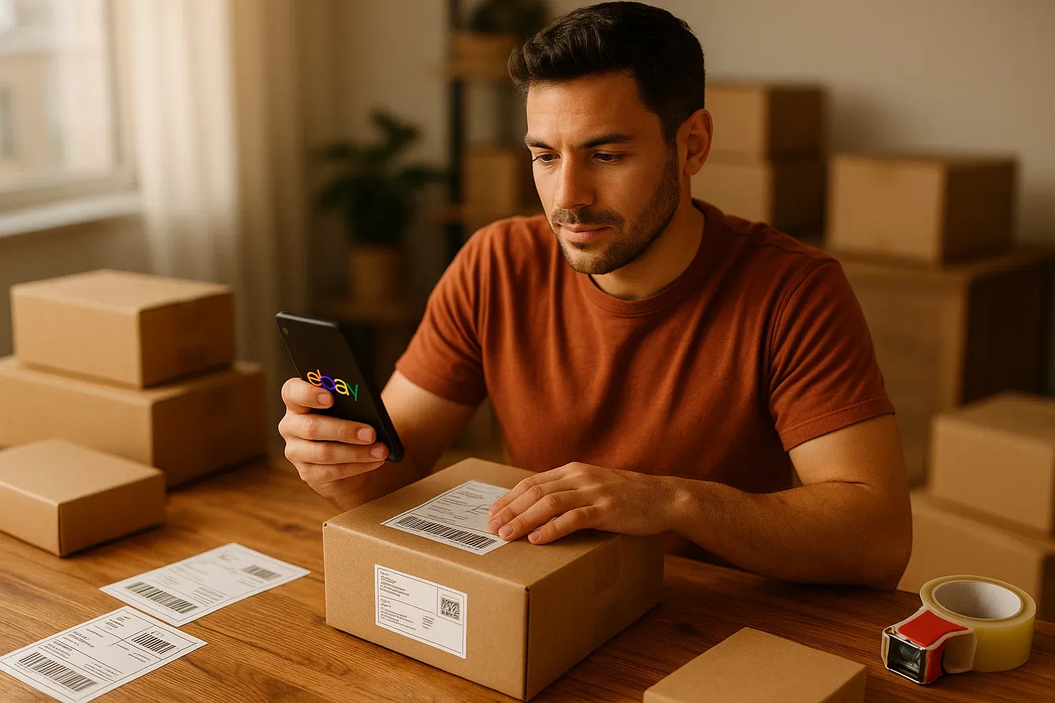 Seller reviewing eBay listing performance while preparing shipments