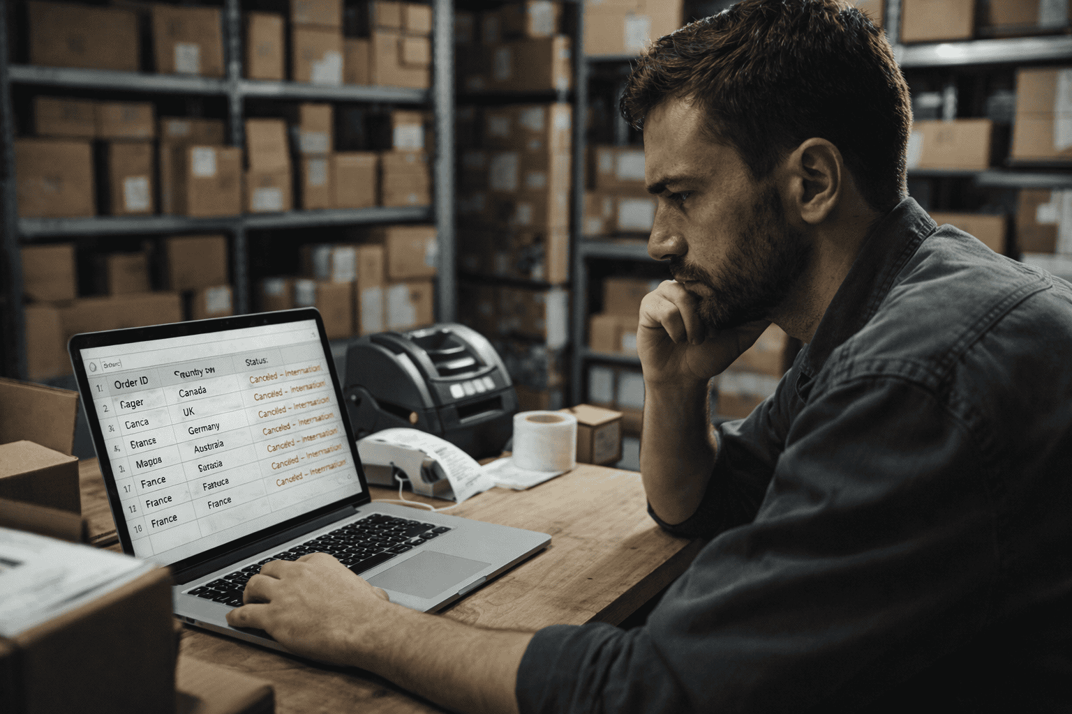 eBay seller at warehouse desk reviewing laptop screen with multiple international order cancellations visible in spreadsheet format.