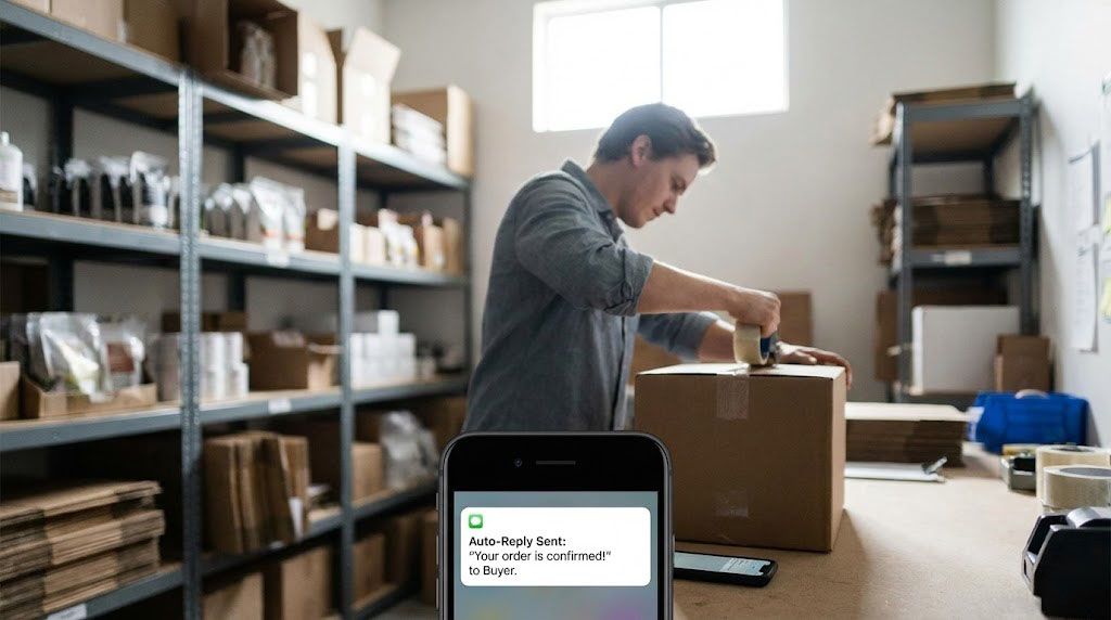 Shot of a small business owner packing orders while automated messages handle customer inquiries.