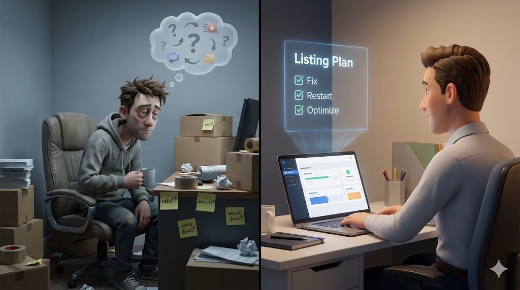 Seller reviewing a stale listing checklist with a calm shift from frustration to clarity.