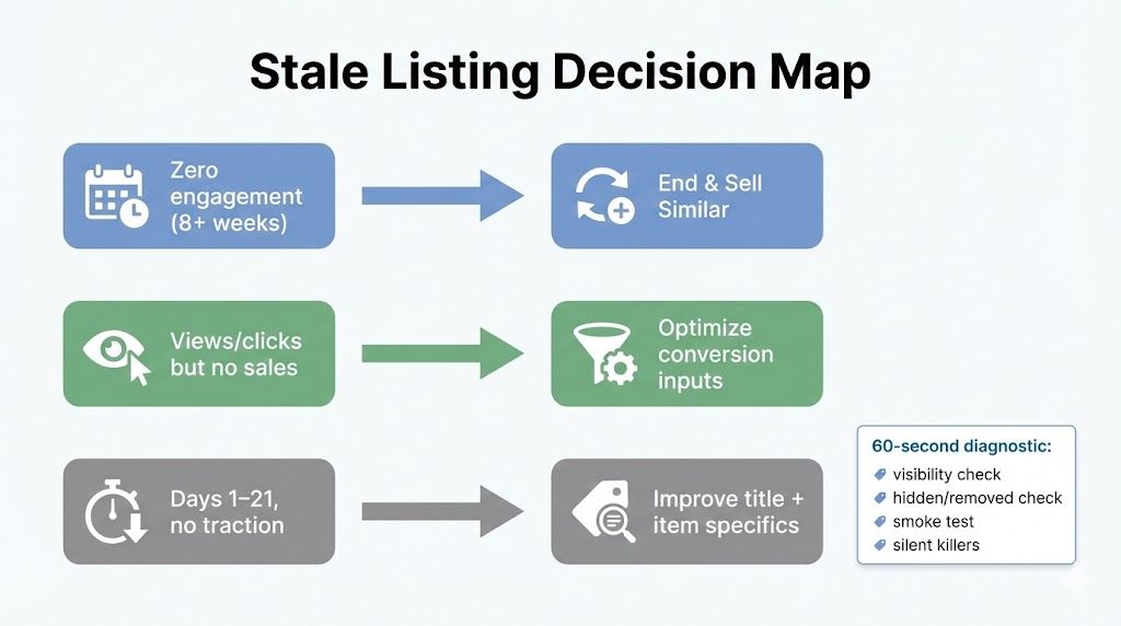 Infographic decision map showing three paths for stale listings: restart, optimize, or improve inputs.