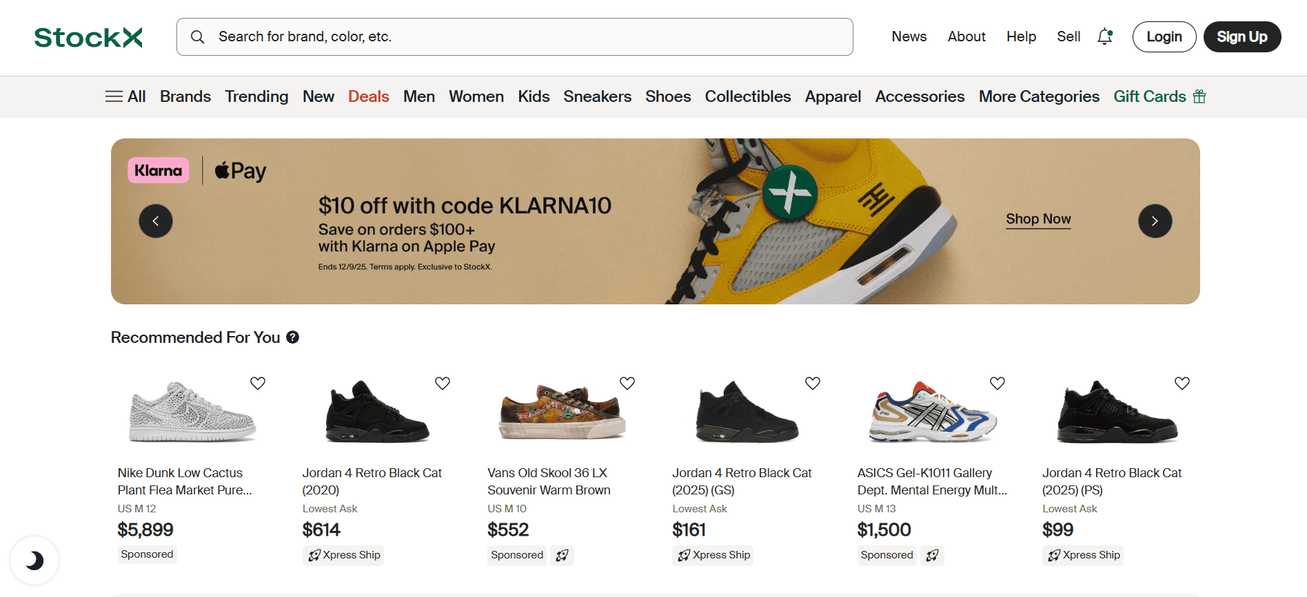 Screenshot of the StockX homepage showing bid ask sneaker listings and market data