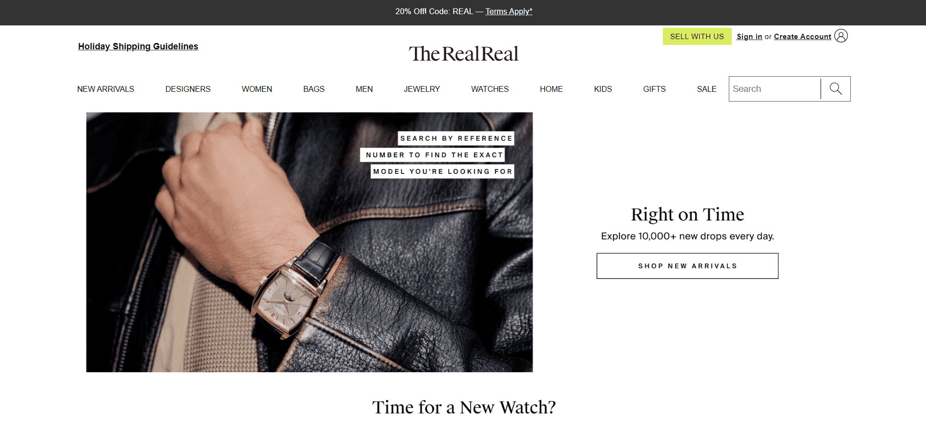 Screenshot of The RealReal homepage with authenticated luxury bags, jewelry, and fashion