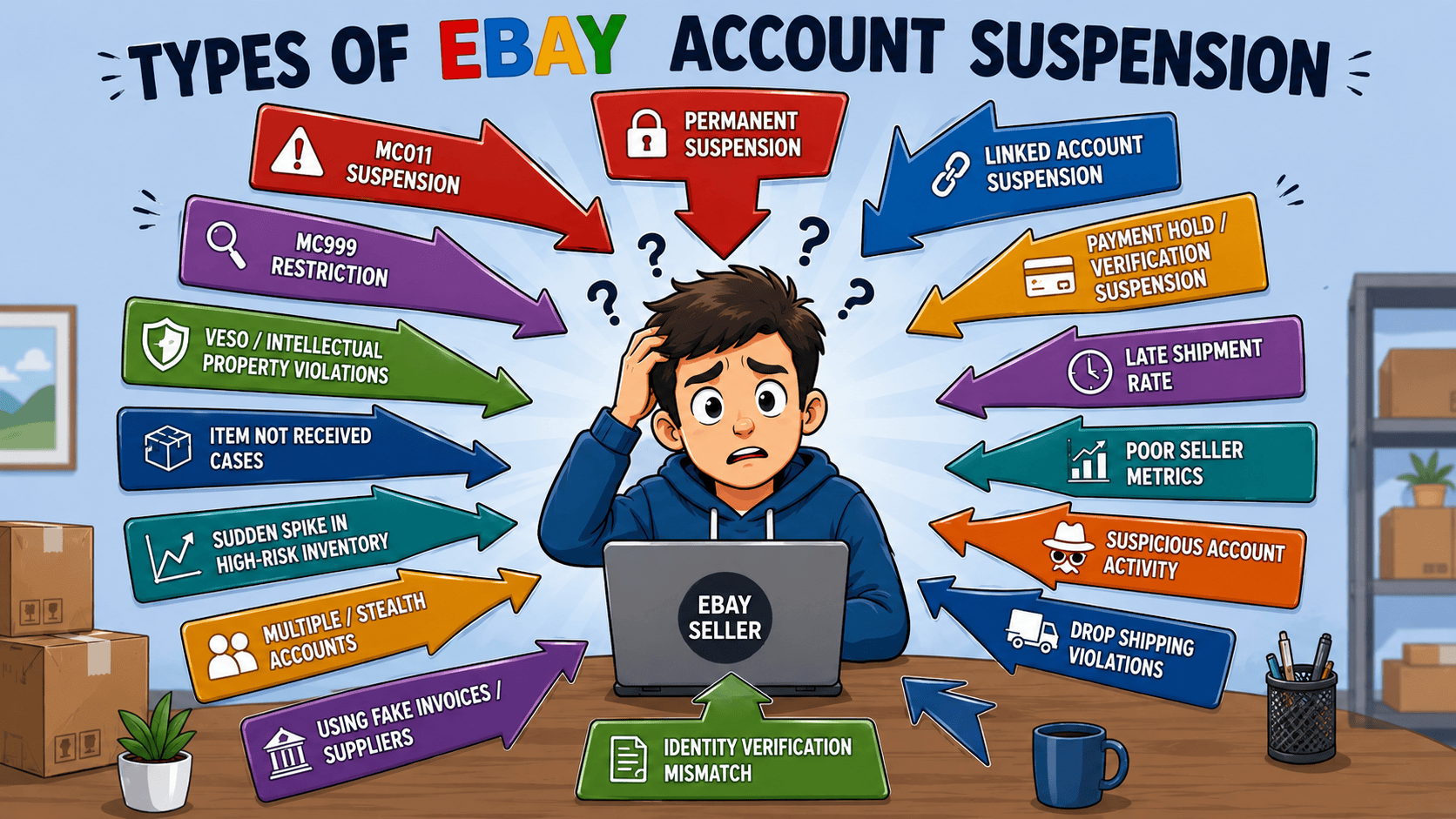 Illustration showing different types of eBay account suspensions with arrows pointing at a confused online seller, including MC011, MC999, linked account suspension, VeRO violations, payment holds, and poor seller metrics