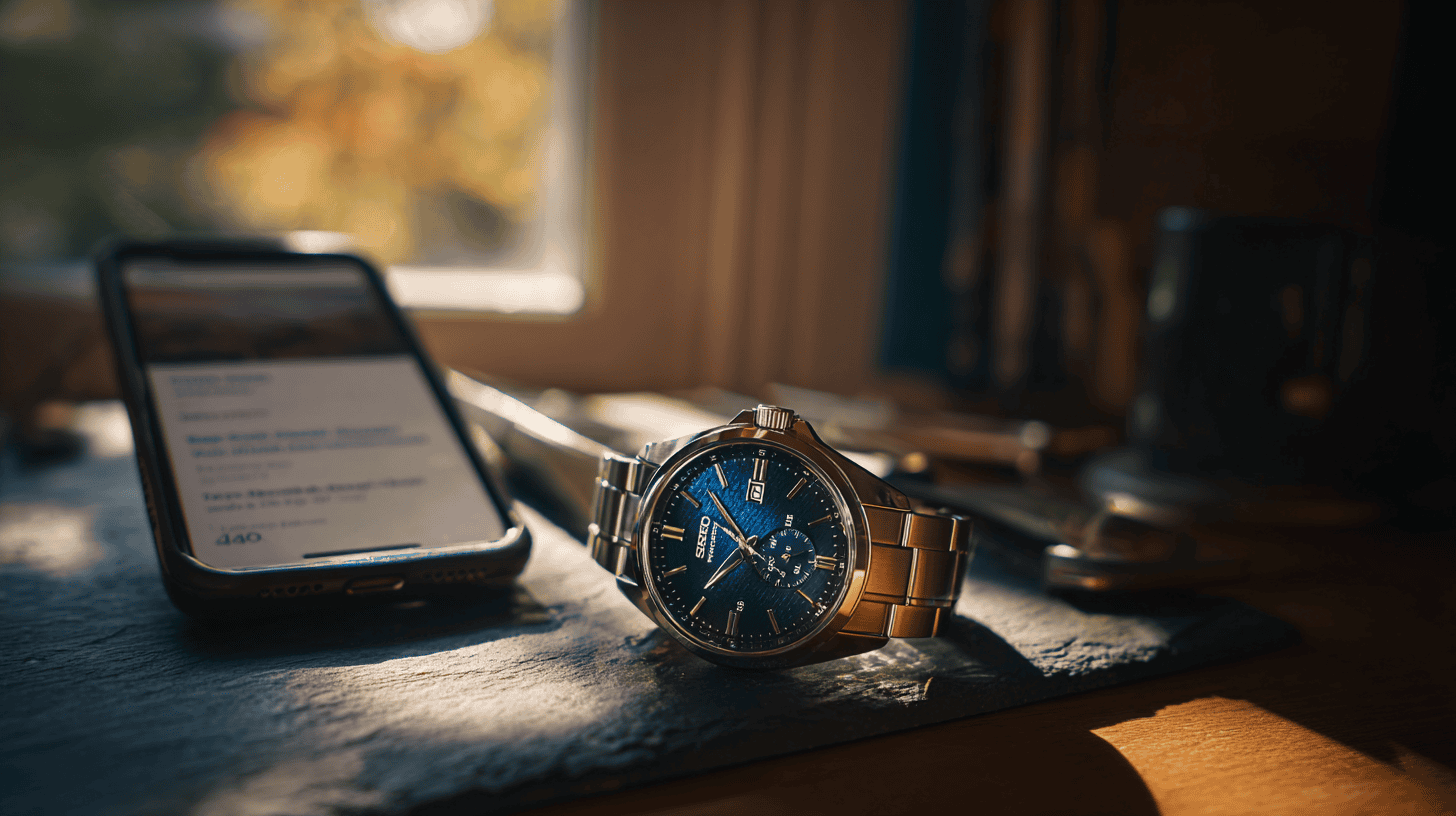 Vintage Seiko automatic watch with blue dial on slate desk beside a jeweler loupe and phone showing a Chrono24 watch listing