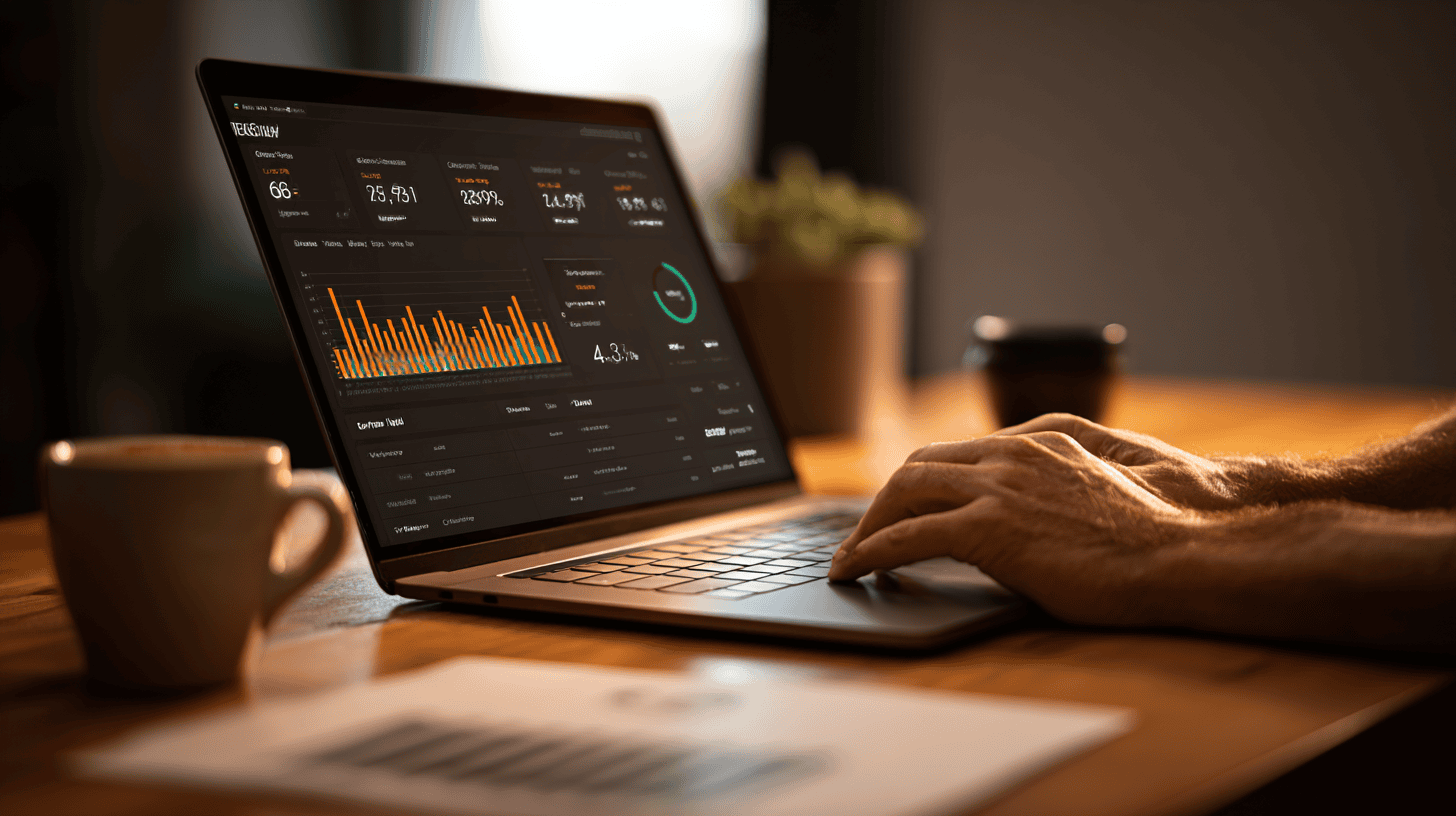 eBay Seller Hub advertising dashboard on a laptop screen showing promoted listings attributed sales data and fee totals, seller's hand on trackpad in the foreground