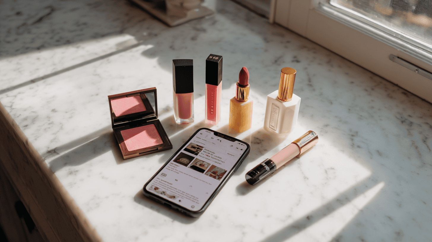 Seven Sephora beauty products on marble counter with eBay sold listings app open on phone and a receipt tucked underneath