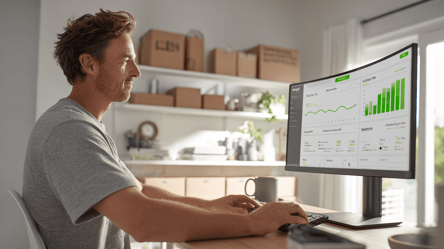 eBay seller reviewing sell through rate data in eBay Seller Hub analytics dashboard on dual monitors in a home office