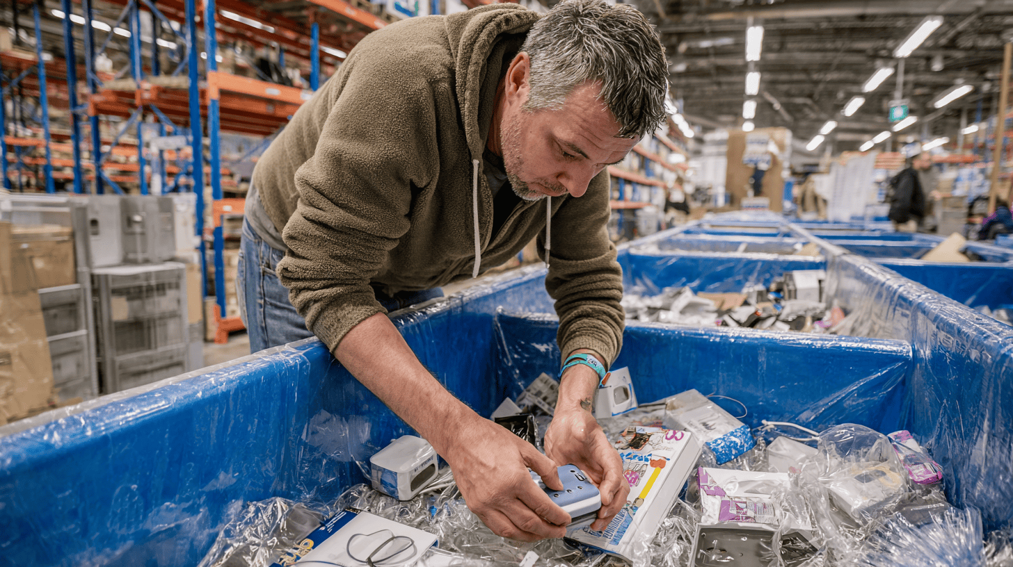 Man leaning over open plastic bin in liquidation warehouse holding an unboxed Bluetooth speaker to check for damage