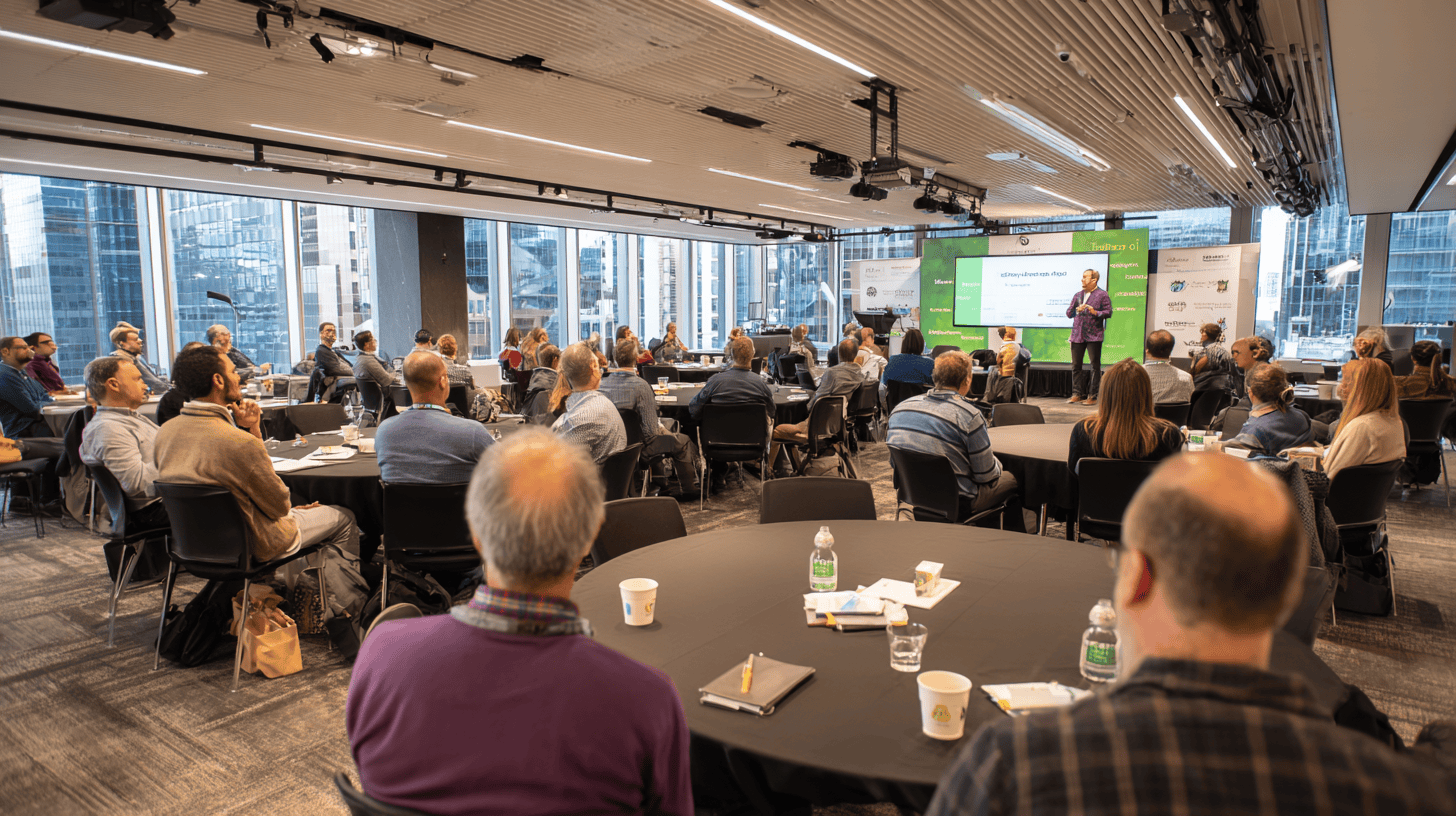 eBay sellers networking at a small in-person conference event with name badges and eBay branding visible on screen at the front of the room