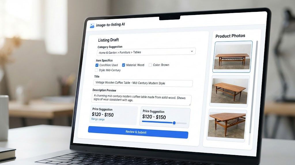 Hyper-realistic software UI showing an image-to-listing draft with category, specifics, title, and price.