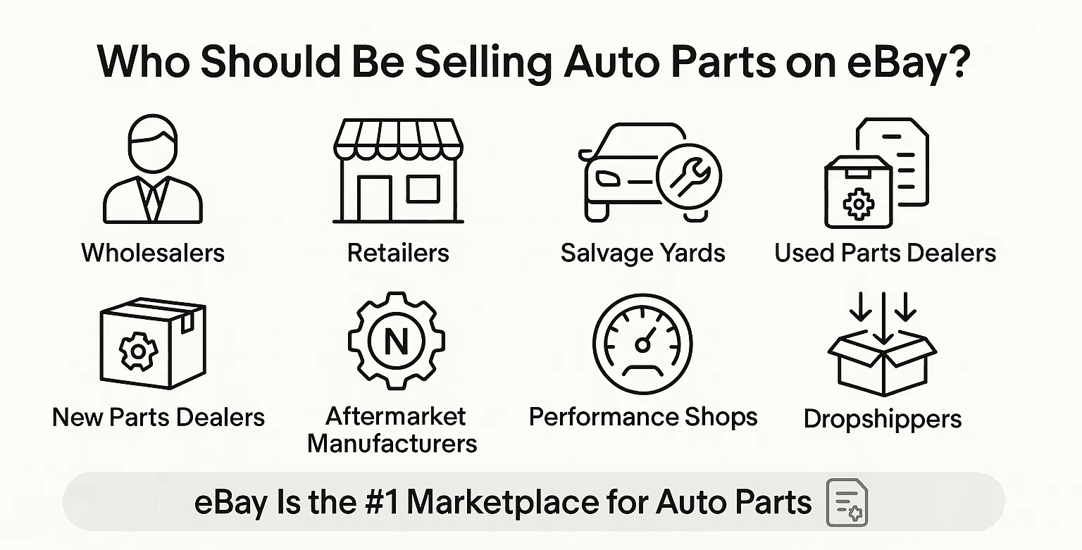 Infographic displaying the types of auto parts businesses that succeed on eBay, including wholesalers, retailers, salvage yards, used parts dealers, aftermarket sellers, and dropshippers