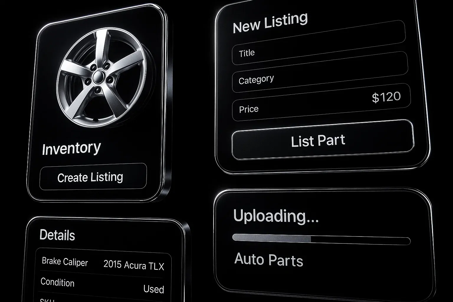 High contrast close up of sleek software panels showing automated eBay listings for car parts on a dark background