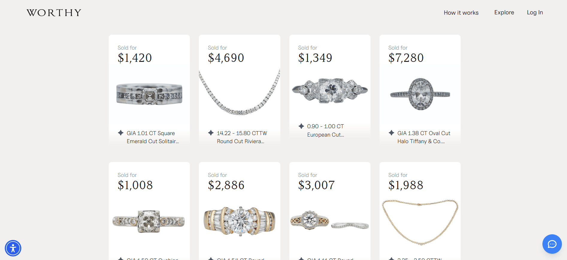 Screenshot of the Worthy homepage focusing on online jewelry and diamond auctions