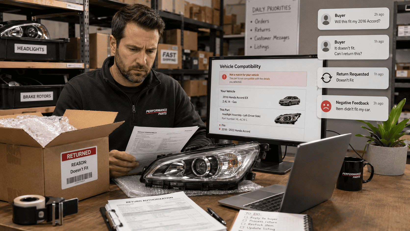 Professional auto parts seller handling a return caused by incorrect eBay vehicle compatibility and fitment data