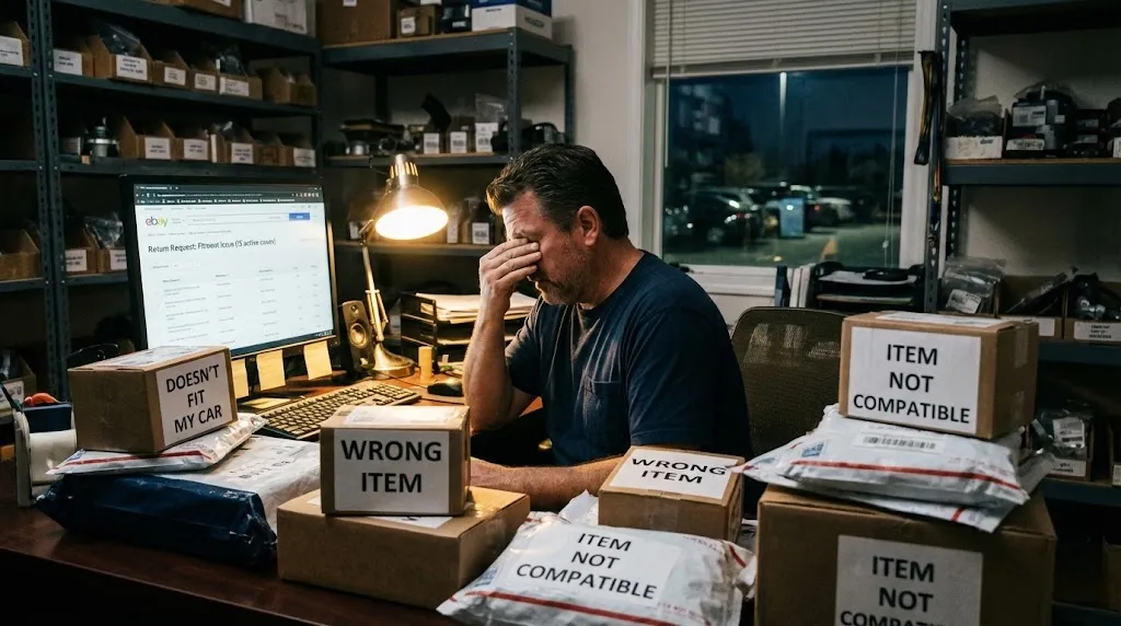 Auto parts owner at night looking relieved after replacing messy handwritten fitment with a clean compatibility system.